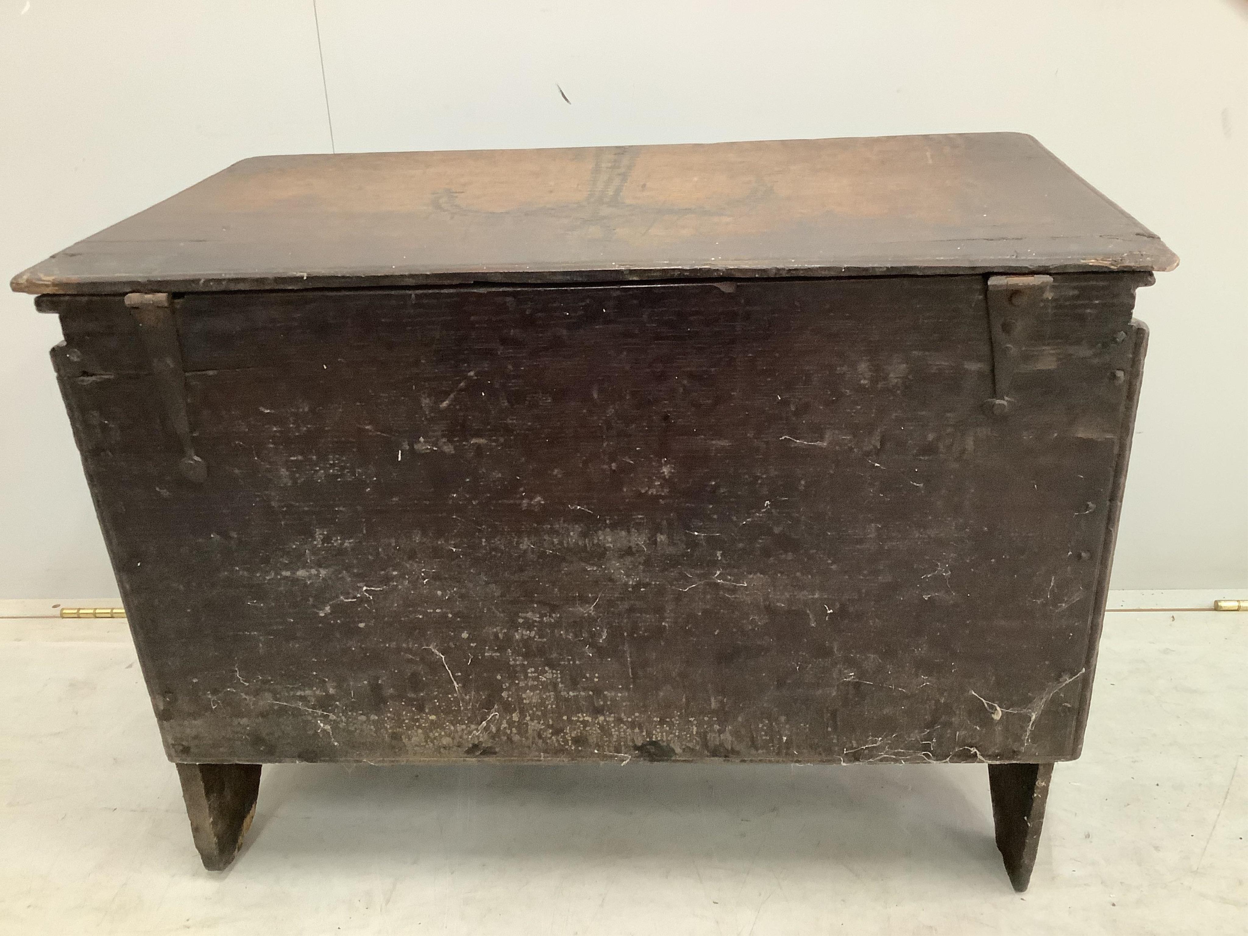 A small 17th / 18th century boarded oak coffer, width 70cm, depth 38cm, height 54cm. Condition - fair